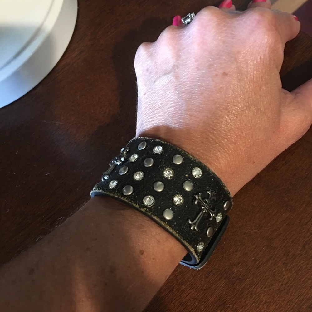 Bling Black Leather Cross Bracelet w/ Rhinestones